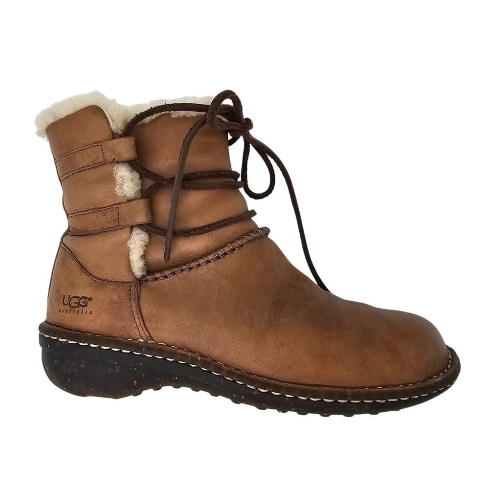 UGG Caspia Winter Ankle Boot Brown Leather Sheepskin Lace up Bootie Women's 7